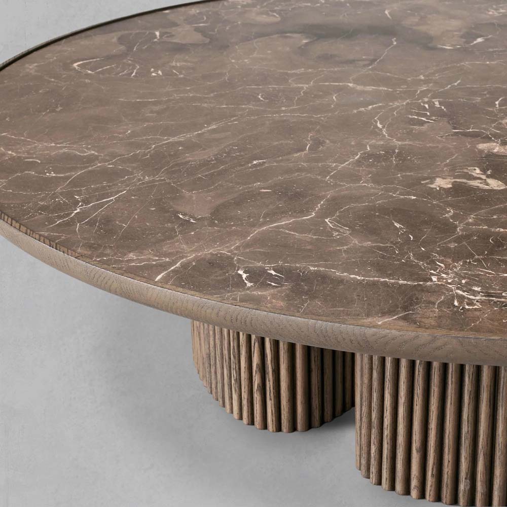 Astor Round Marble Top Coffee Table Wood Cocktail Table Reeded Oak Base Sofa Center Tea Table