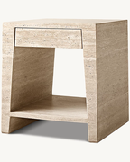 Luxury Beige Travertine Square Side Table with Integrated Drawer & Open Shelf 22×24in