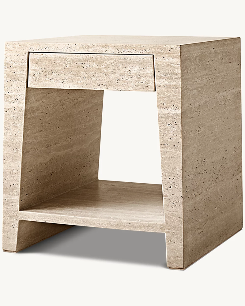 Luxury Beige Travertine Square Side Table with Integrated Drawer & Open Shelf 22×24in