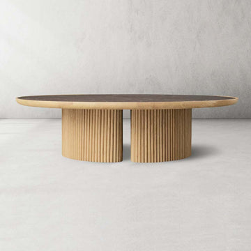 Astor Round Marble Top Coffee Table Wood Cocktail Table Reeded Oak Base Sofa Center Tea Table