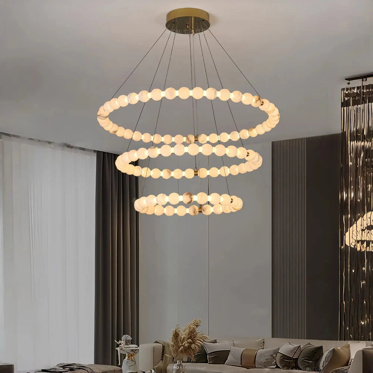 Alabaster Orb Ring Chandelier - 23.6″ + 31.5″ + 39.4″Gold & WhiteWarm Lightcasivra