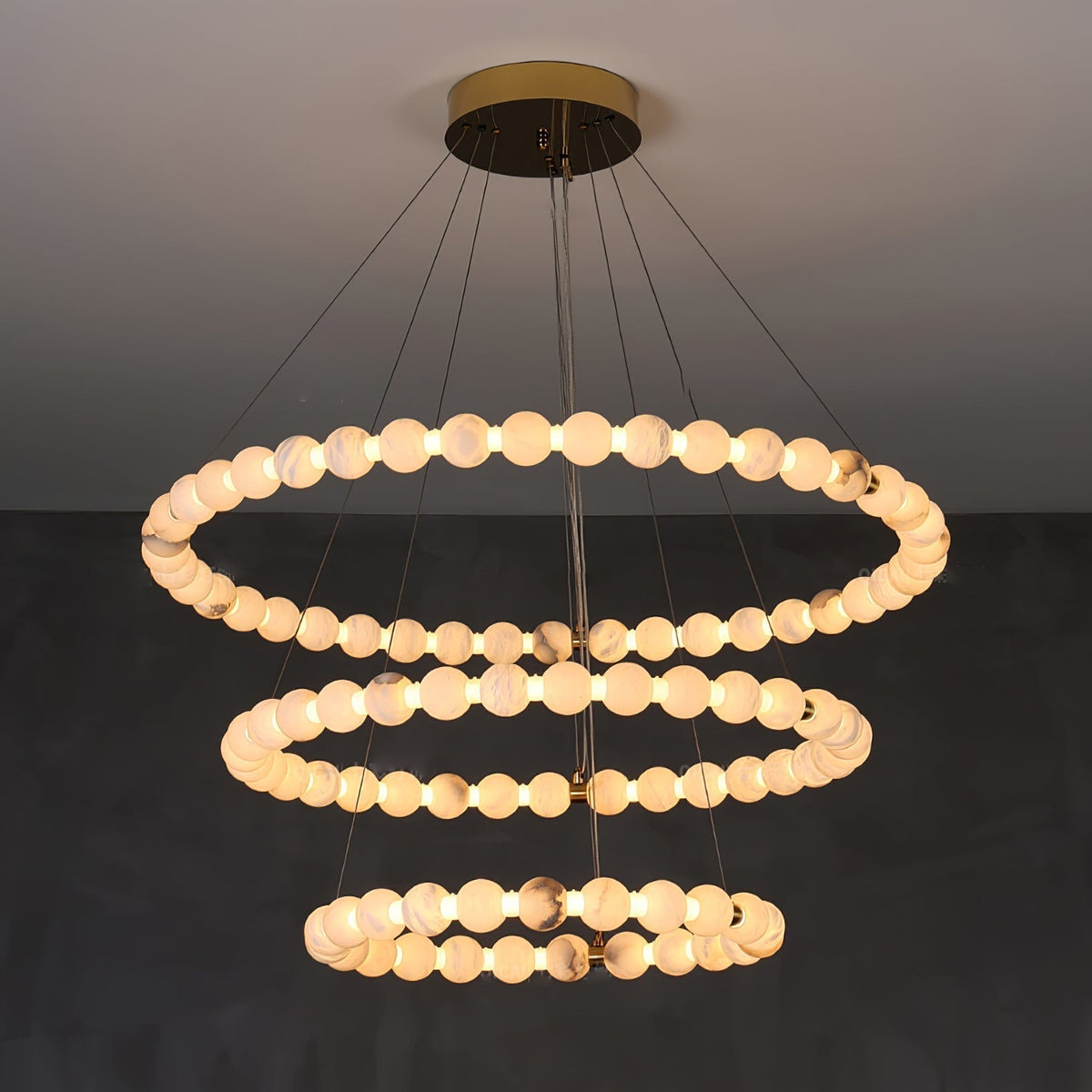 Alabaster Orb Ring Chandelier - 23.6″ + 31.5″ + 39.4″Gold & WhiteWarm Lightcasivra