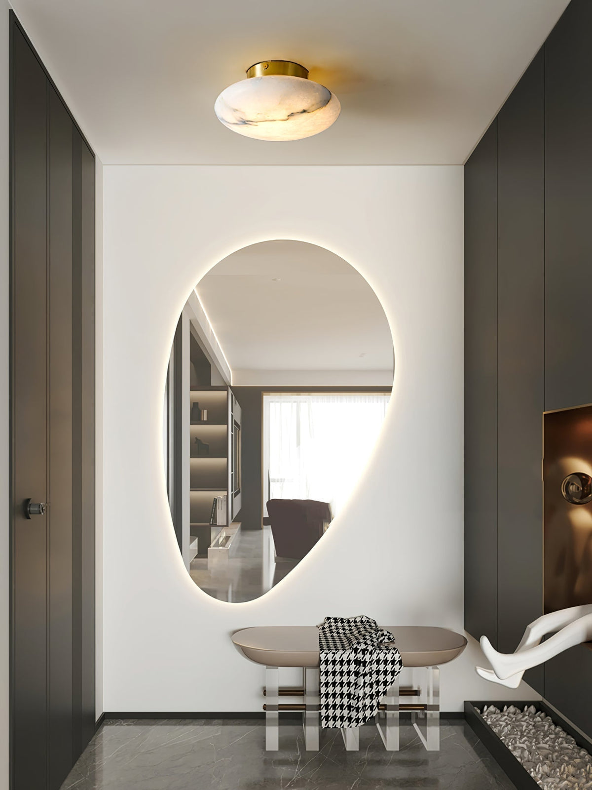 Alabaster Oval Ceiling Lamp - ∅ 7.9″ x H 3.9″Brass & WhiteWarm Lightcasivra