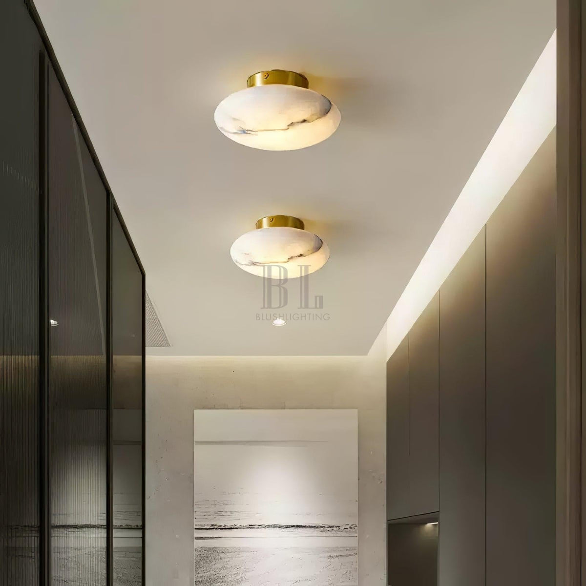 Alabaster Oval Ceiling Lamp - ∅ 7.9″ x H 3.9″Brass & WhiteWarm Lightcasivra