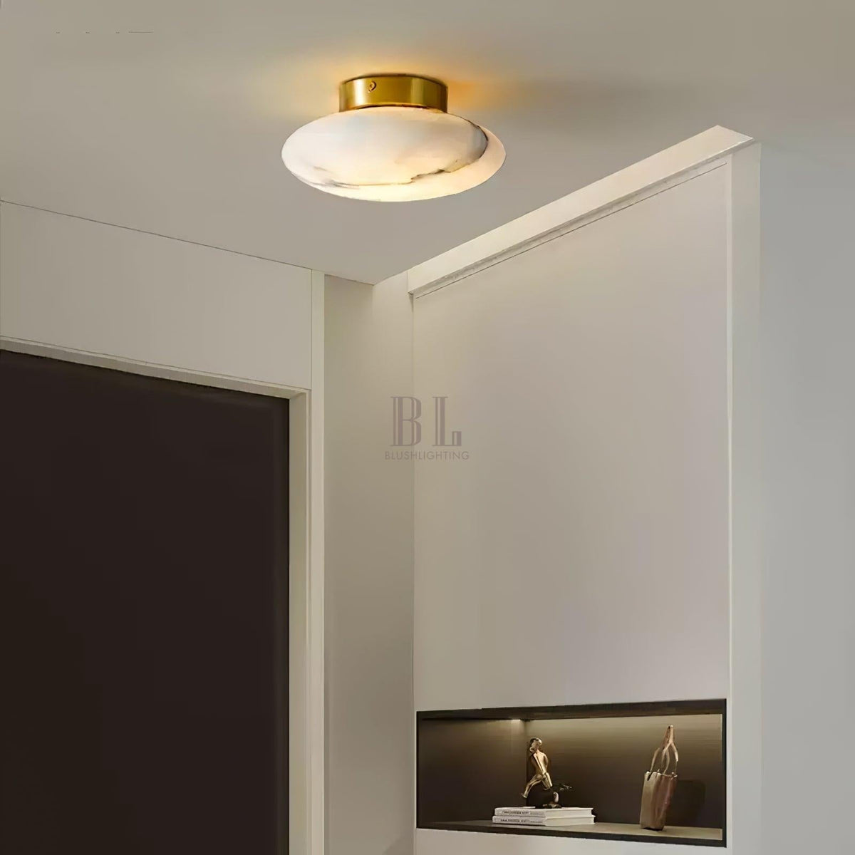 Alabaster Oval Ceiling Lamp - ∅ 7.9″ x H 3.9″Brass & WhiteWarm Lightcasivra