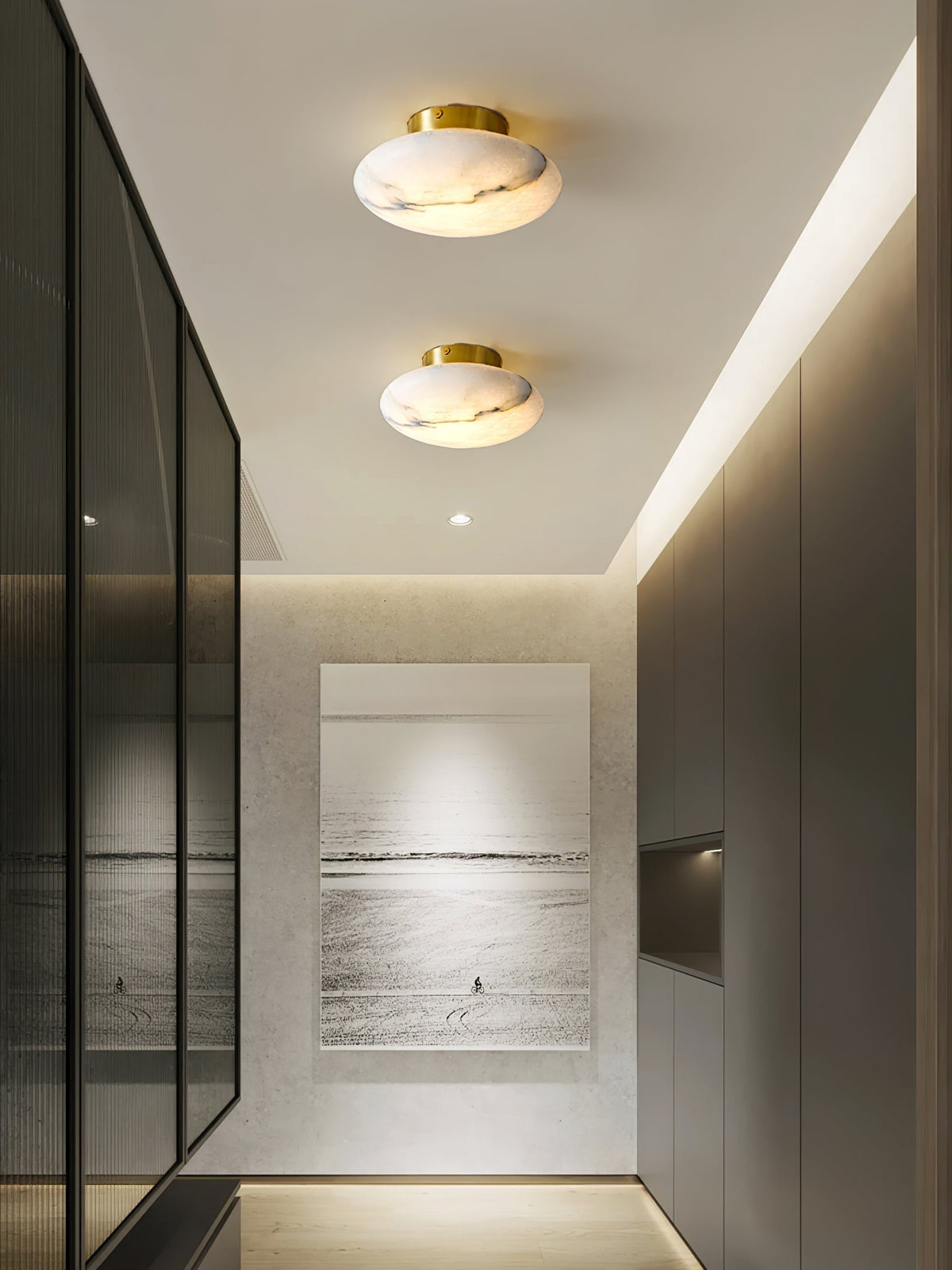 Alabaster Oval Ceiling Lamp - ∅ 7.9″ x H 3.9″Brass & WhiteWarm Lightcasivra