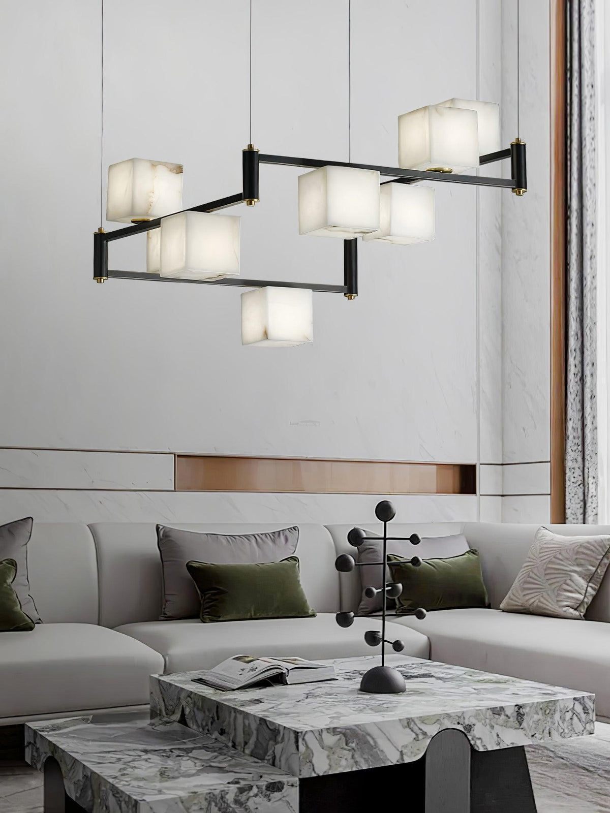 Alabaster Square Box Chandelier with 4/5/6/8/9 heads - 9 Heads L 41.3" x W 41.3" x H 17.7" / L 105cm x W 105cm x H 45cmBrass & Black & Whitecasivra