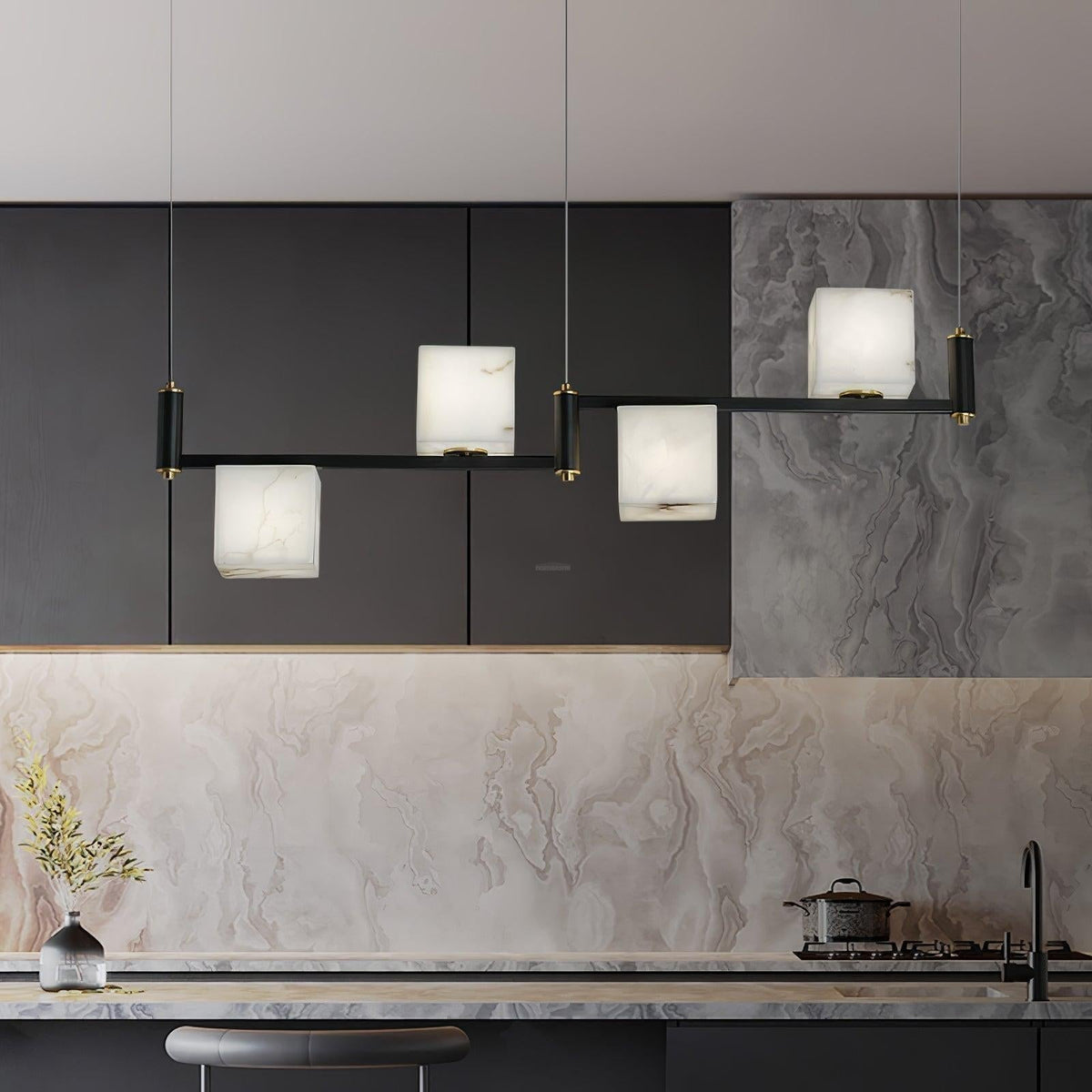 Alabaster Square Box Chandelier with 4/5/6/8/9 heads - 9 Heads L 41.3" x W 41.3" x H 17.7" / L 105cm x W 105cm x H 45cmBrass & Black & Whitecasivra