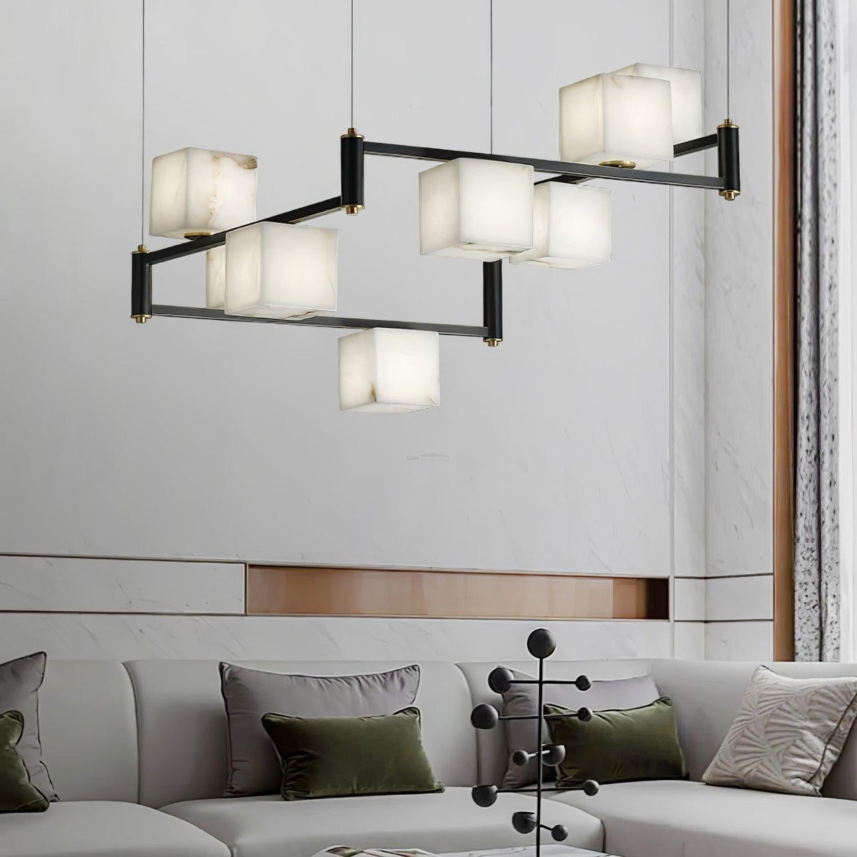 Alabaster Square Box Chandelier with 4/5/6/8/9 heads - 9 Heads L 41.3" x W 41.3" x H 17.7" / L 105cm x W 105cm x H 45cmBrass & Black & Whitecasivra