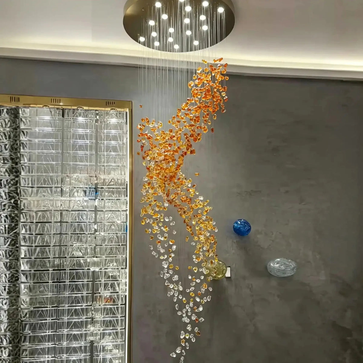 Amber Art Glass Spiral Chandelier for Staircase & High Ceiling Foyer - D39.4"*H118.5"(D100cm*H301cm)Warm Lightcasivra