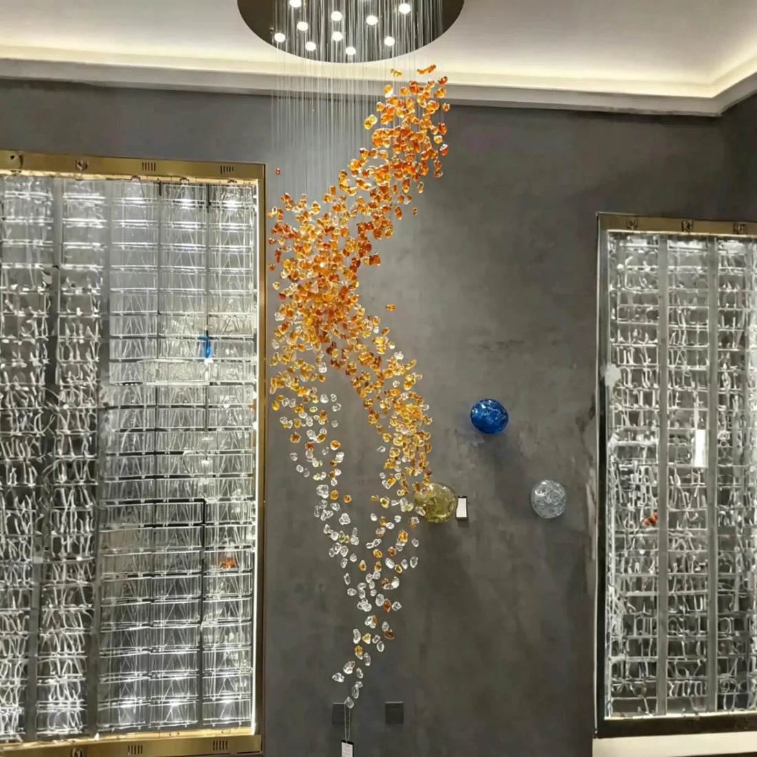 Amber Art Glass Spiral Chandelier for Staircase & High Ceiling Foyer - D39.4"*H118.5"(D100cm*H301cm)Warm Lightcasivra