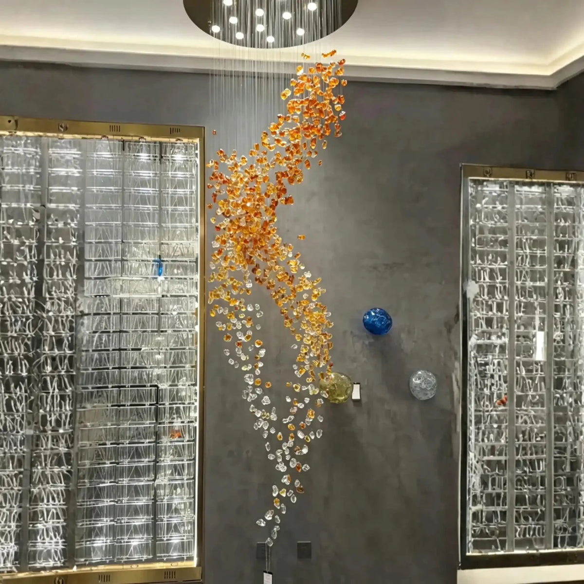 Amber Art Glass Spiral Chandelier for Staircase & High Ceiling Foyer - D39.4"*H118.5"(D100cm*H301cm)Warm Lightcasivra