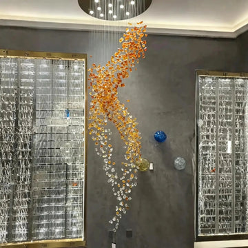 Amber Art Glass Spiral Chandelier for Staircase & High Ceiling Foyer - D39.4"*H118.5"(D100cm*H301cm)Warm Lightcasivra