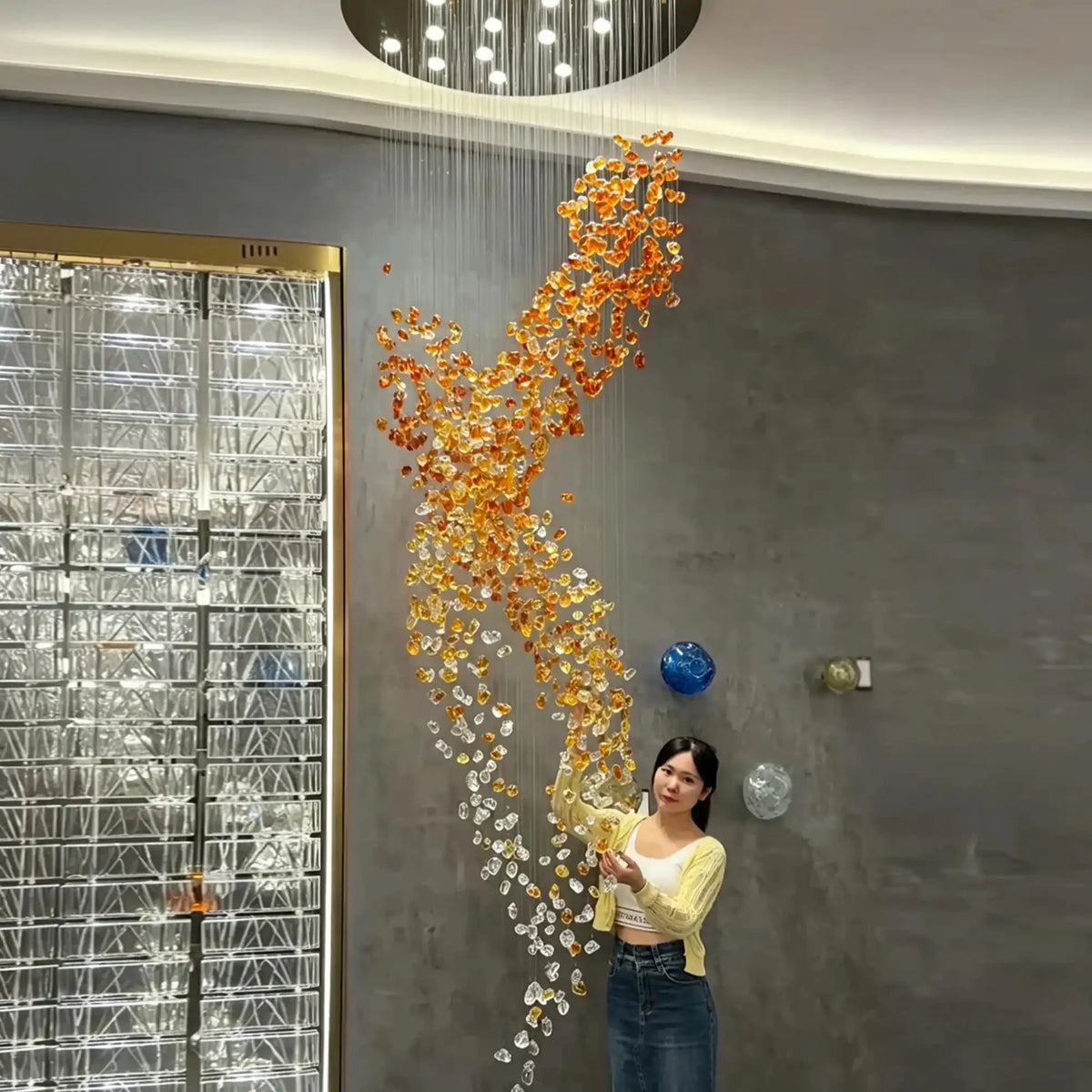 Amber Art Glass Spiral Chandelier for Staircase & High Ceiling Foyer - D39.4"*H118.5"(D100cm*H301cm)Warm Lightcasivra