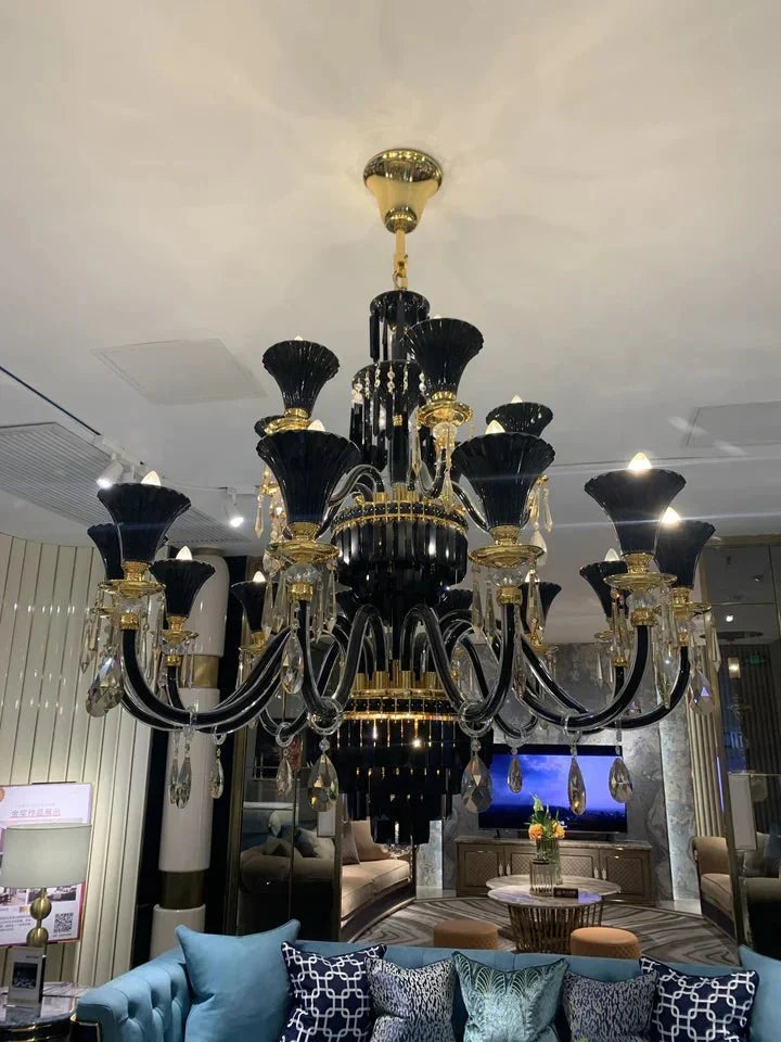 American Traditional Branch Crystal Chandelier with Candle Design in Black and Gold - 12 Lights:D33.5"*H27.6"Warm Lightcasivra
