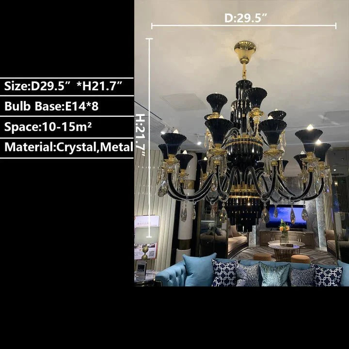 American Traditional Branch Crystal Chandelier with Candle Design in Black and Gold - 12 Lights:D33.5"*H27.6"Warm Lightcasivra