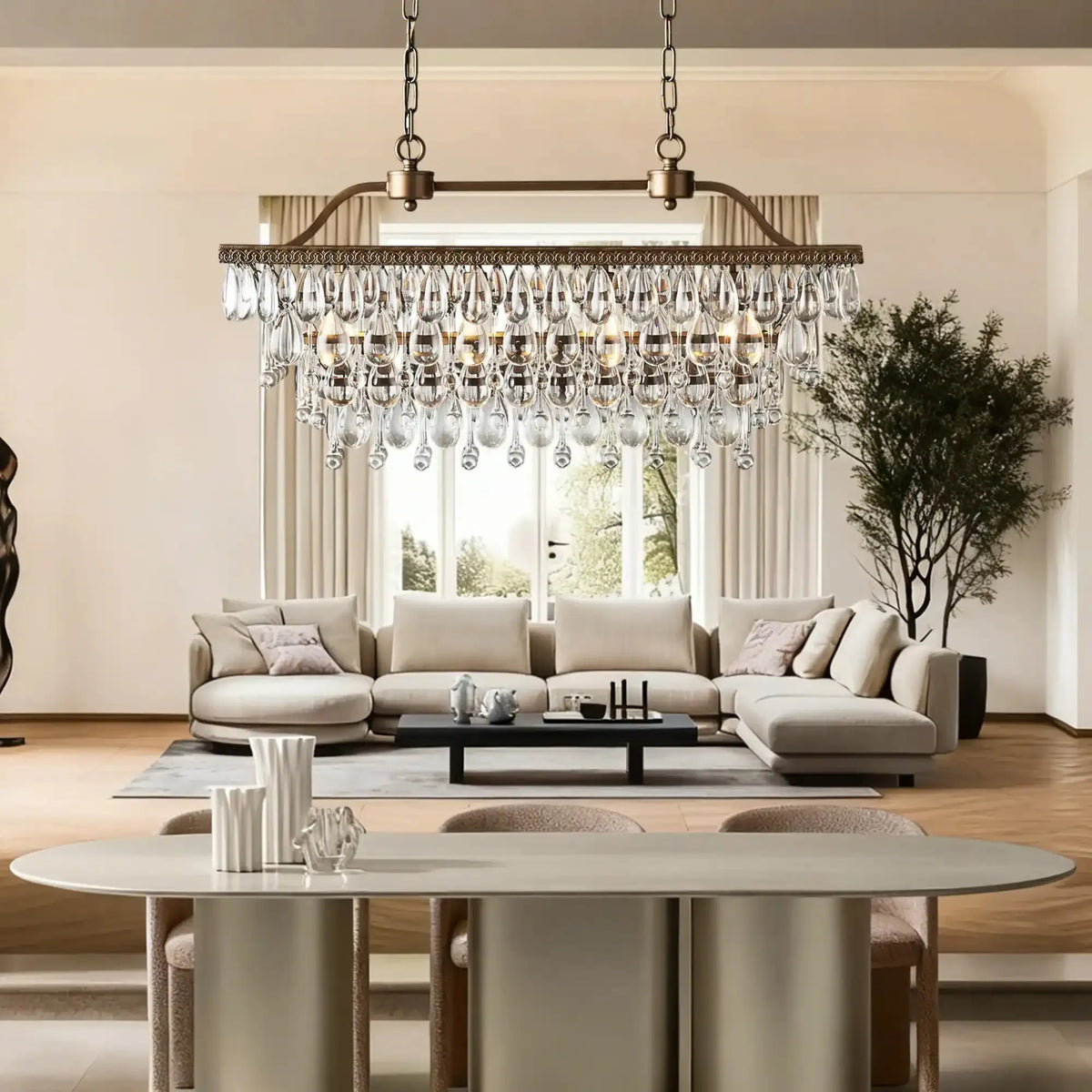 Annelise Rectangular Chandelier styled in a modern dining room