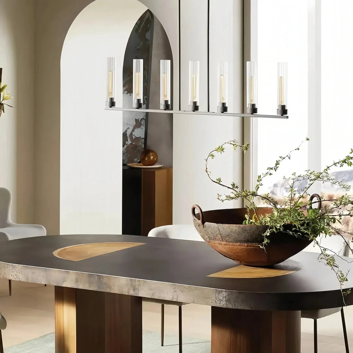 Alaric Linear Chandelier 5/7/8 Light in brass - dining room lighting