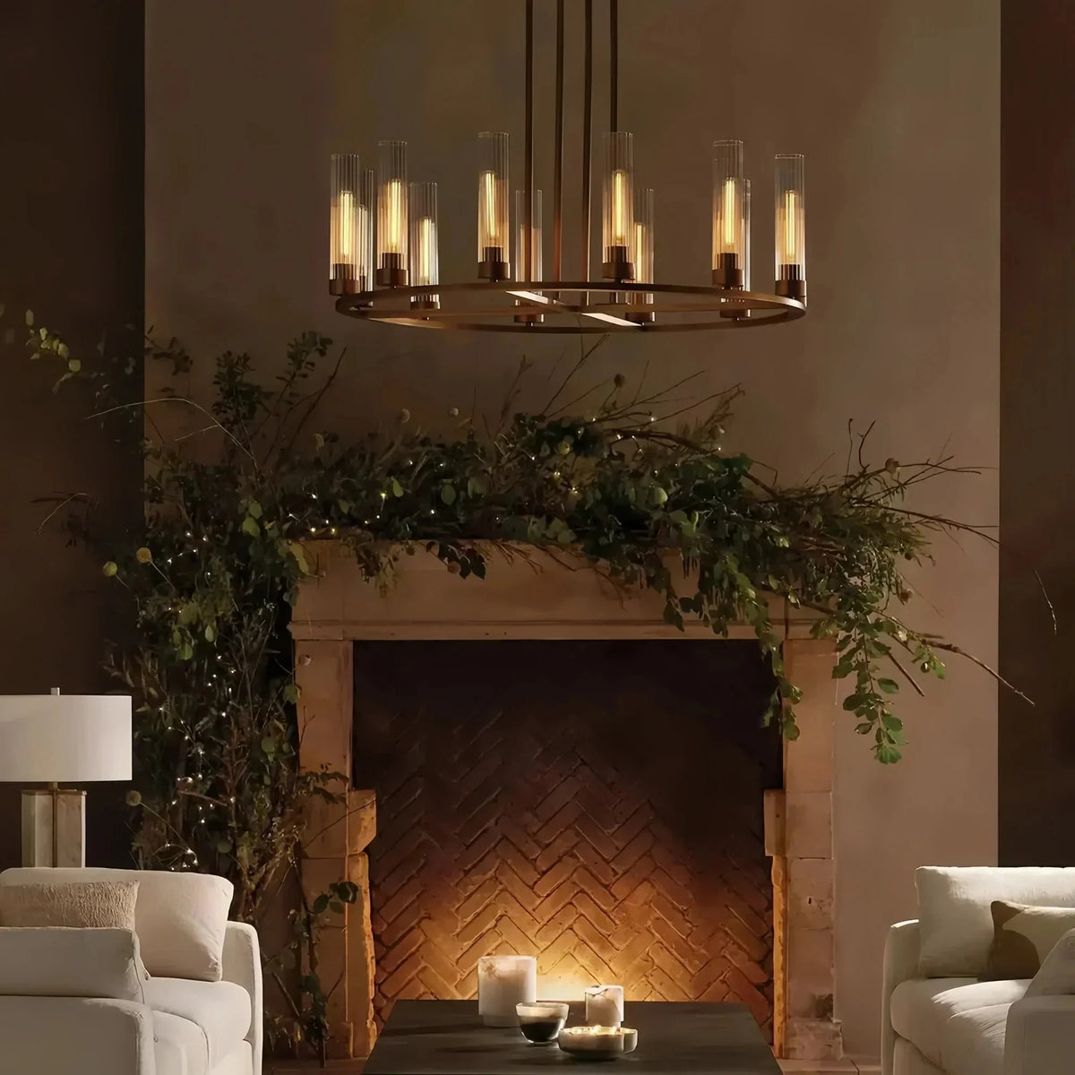 Alaric Round Chandelier 10/12 Light in brass - modern dining room lighting