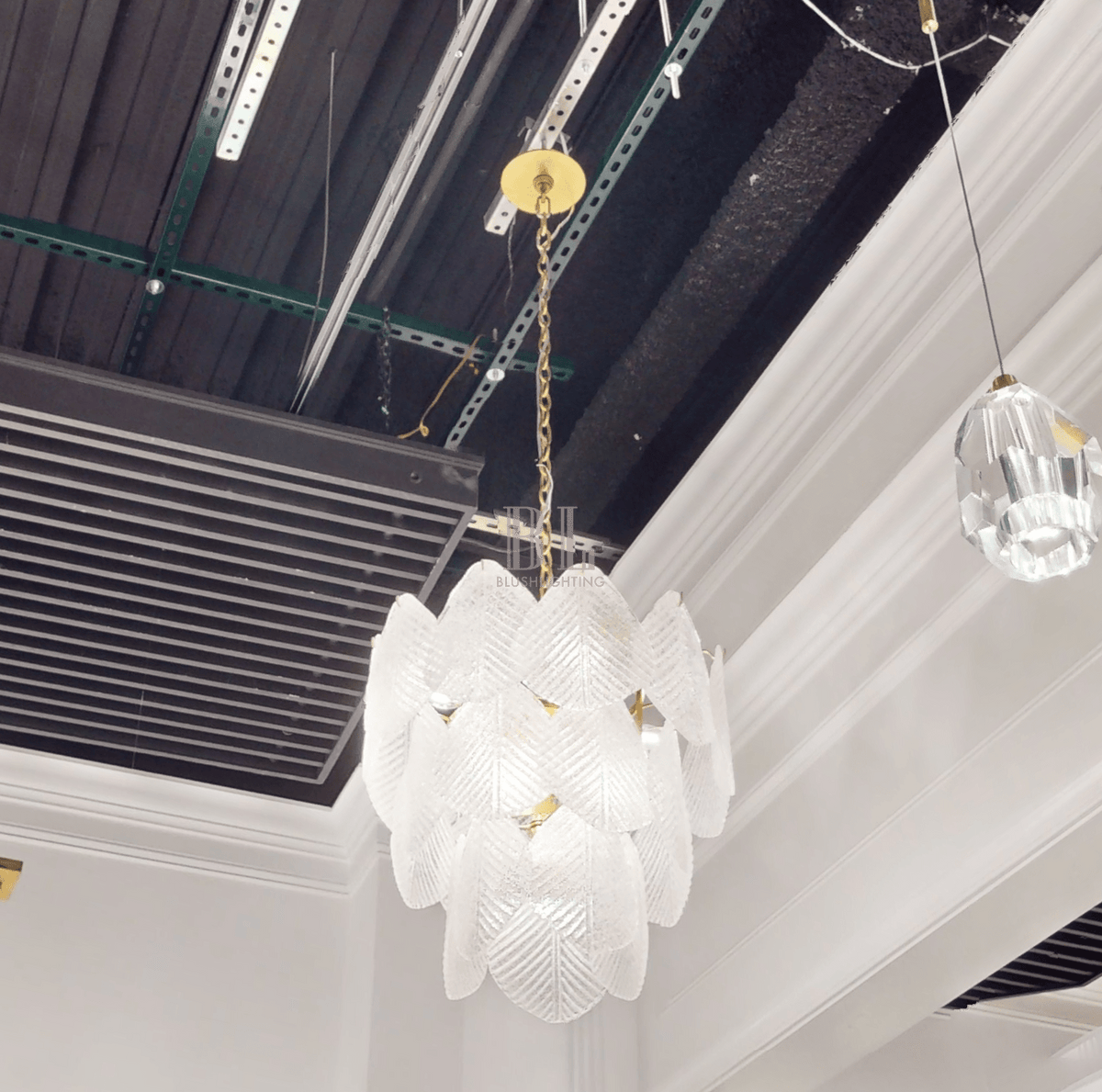 Antique Gold Frosted Glass Nine - Light Chandelier with Cascading Petal Design - casivra