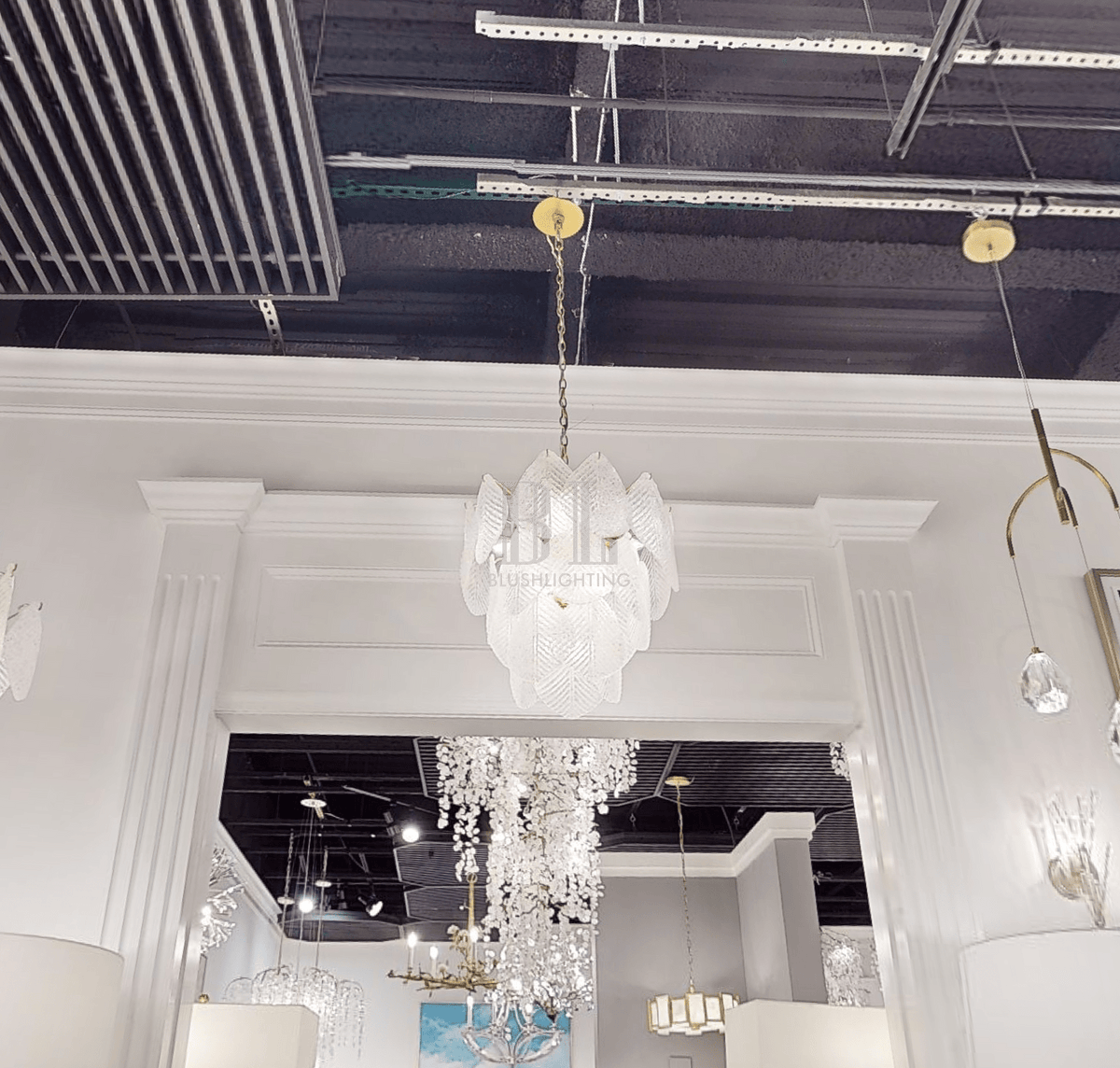 Antique Gold Frosted Glass Nine - Light Chandelier with Cascading Petal Design - casivra