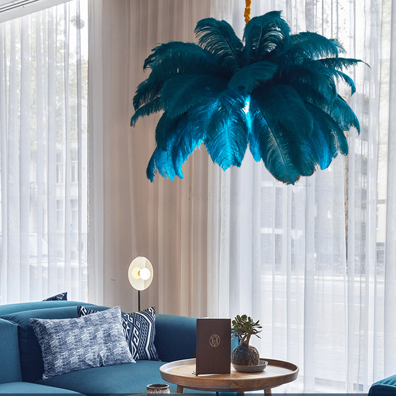 Art Deco Colorized Feather Brass Branch Chandelier - Bluecasivra