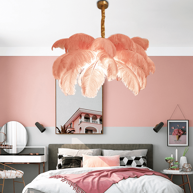Art Deco Colorized Feather Brass Branch Chandelier - Pinkcasivra