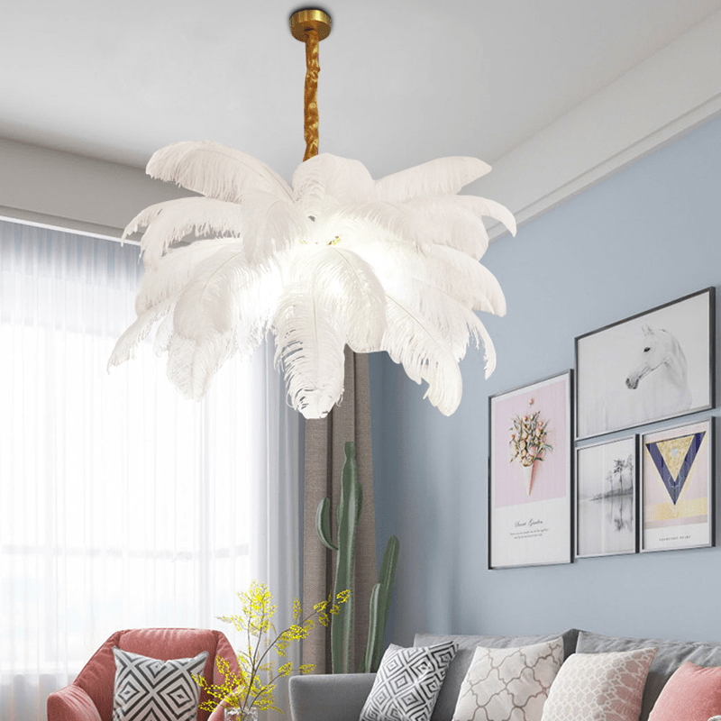 Art Deco Colorized Feather Brass Branch Chandelier - Pinkcasivra
