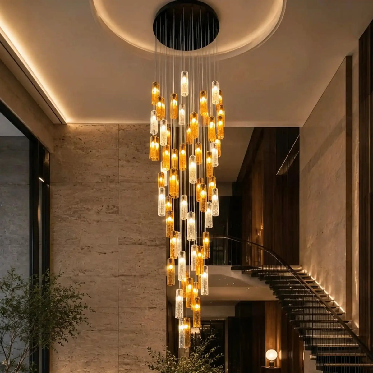 Art Design Colorful Rectangle Cluster Glass Tile Pendant Chandelier - 60 Lights / Round Base / W36"*H180"AmberWarm Lightcasivra