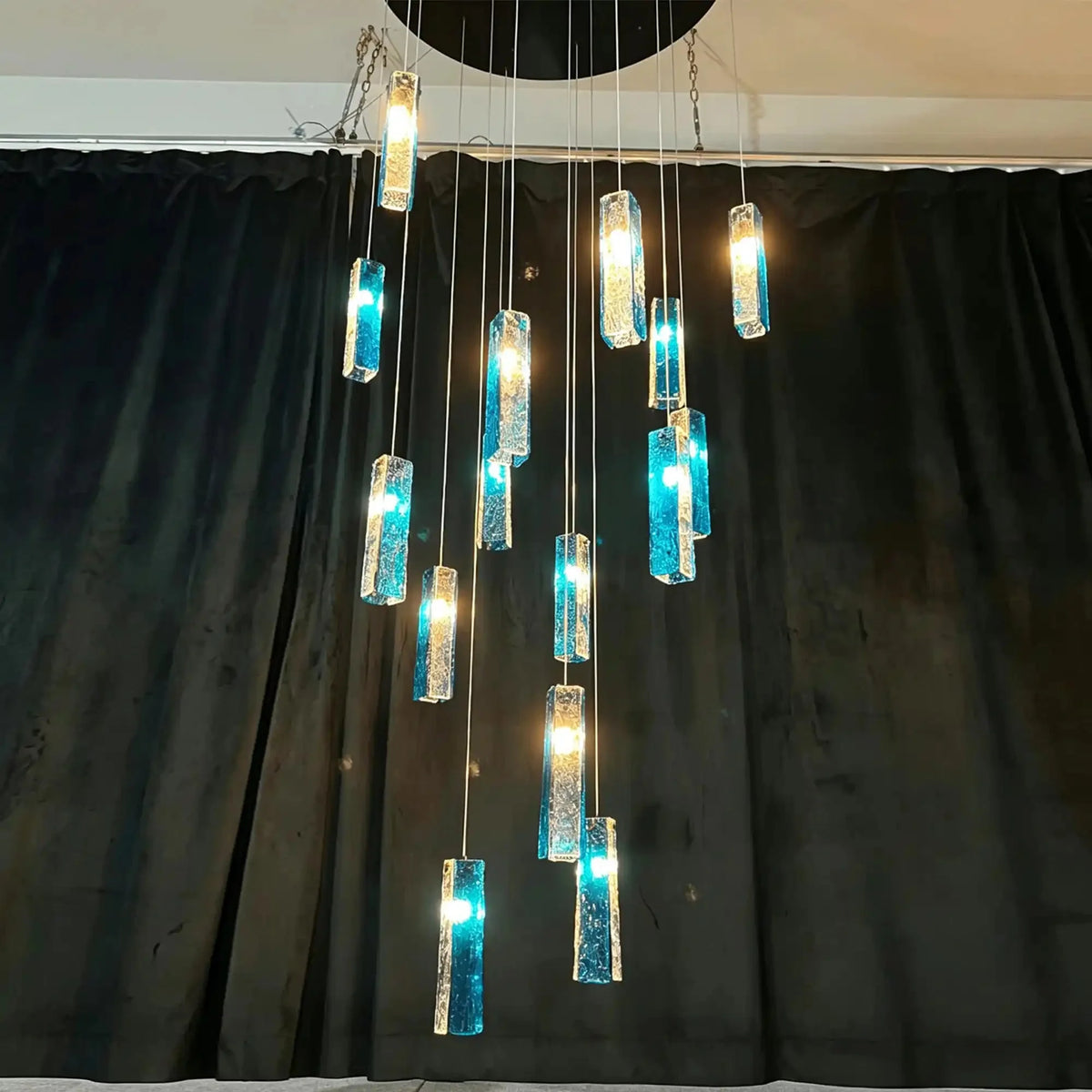 Art Design Colorful Rectangle Cluster Glass Tile Pendant Chandelier - 15 Lights / Round Base / W39"*H144"BlueWarm Lightcasivra