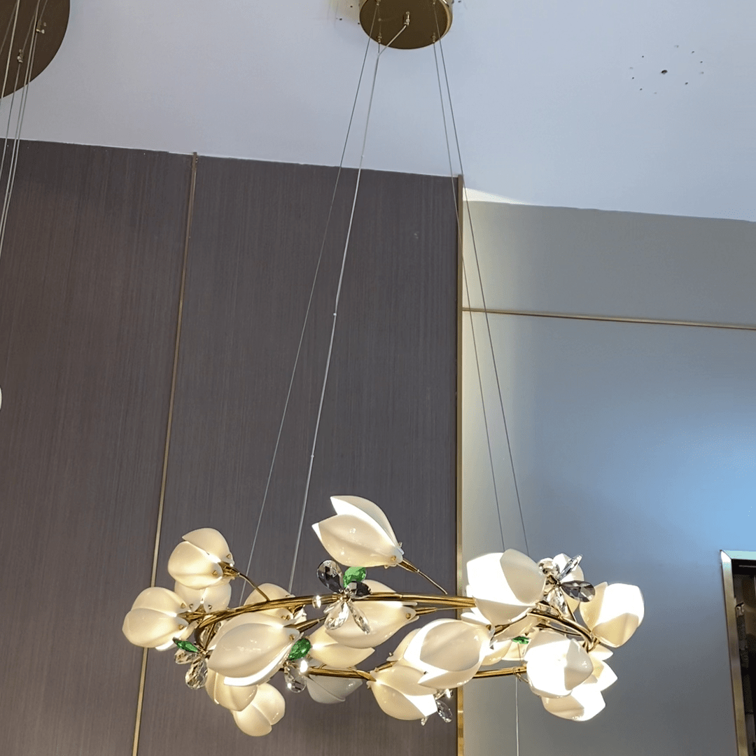 Art Design Creative Ceramic Magnolia Ring/Linear Chandelier for Bedroom/Living Room/Dining Room/Kitchen Island-Chandeliers-casivra-Ring/D31.5"*H78.7"-Warm Light-casivra