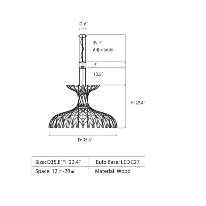 Art Oriental Tone Hand - made Wood Dome Pendant Chandelier for Living/Dining Room - D23.6"*H15"Warm Lightcasivra