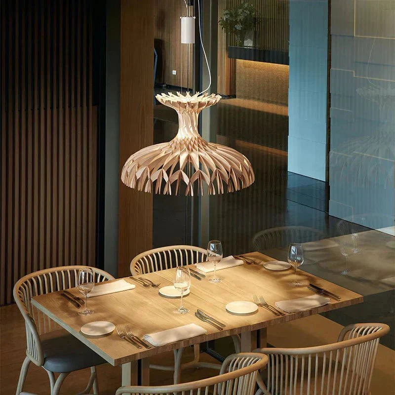Art Oriental Tone Hand - made Wood Dome Pendant Chandelier for Living/Dining Room - D23.6"*H15"Warm Lightcasivra