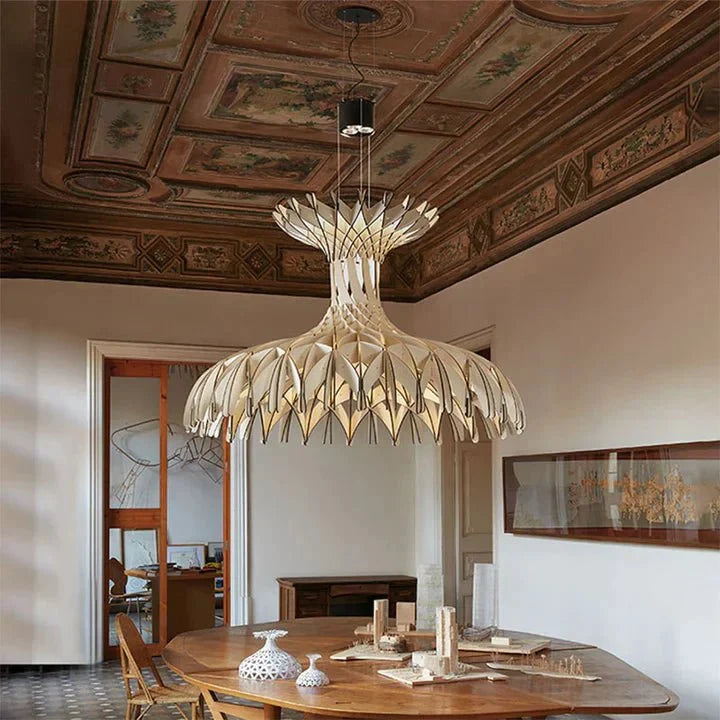 Art Oriental Tone Hand - made Wood Dome Pendant Chandelier for Living/Dining Room - D23.6"*H15"Warm Lightcasivra