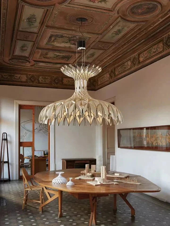 Art Oriental Tone Hand - made Wood Dome Pendant Chandelier for Living/Dining Room - D23.6"*H15"Warm Lightcasivra