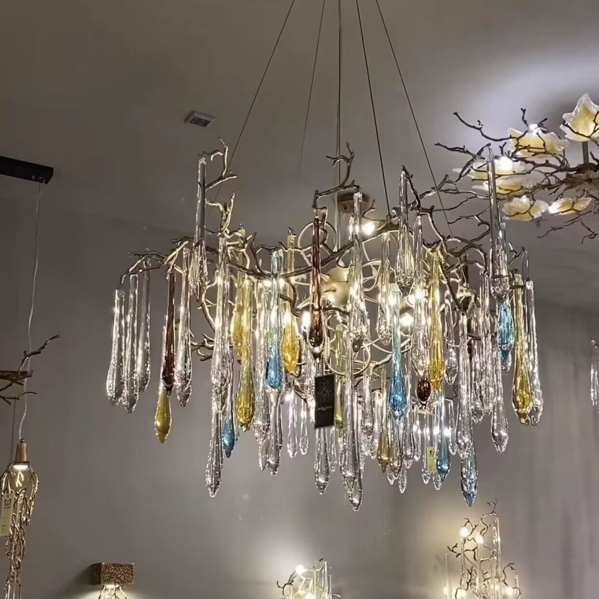 Artistic Branch Chandelier with Blue Glaze Drops for Dining Room - D23.6"*H19.7"/31.6kgColorfulWarm Lightcasivra
