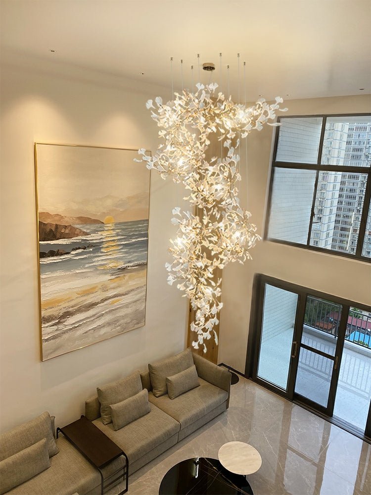Artistic Tree Branch Pendant Light with Ceramic Ginkgo Leaves for High Ceilings in Hotel or Home - D59.1"*H157.5"/ 128 Lights (576 Pieces)/107kgWarm Lightcasivra