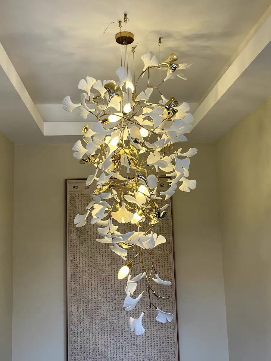 Artistic Tree Branch Pendant Light with Ceramic Ginkgo Leaves for High Ceilings in Hotel or Home - D59.1"*H157.5"/ 128 Lights (576 Pieces)/107kgWarm Lightcasivra