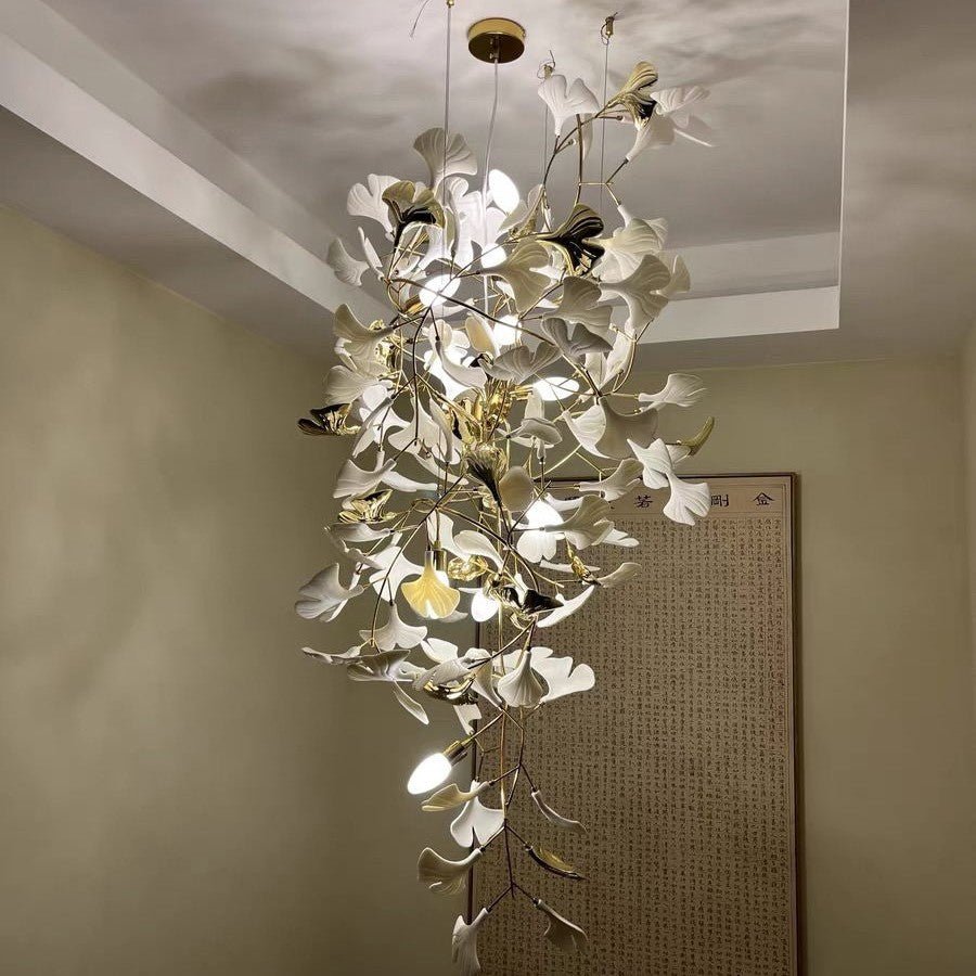 Artistic Tree Branch Pendant Light with Ceramic Ginkgo Leaves for High Ceilings in Hotel or Home - D39.4"*H70.9"/ 16 Lights (288 Pieces)Warm Lightcasivra