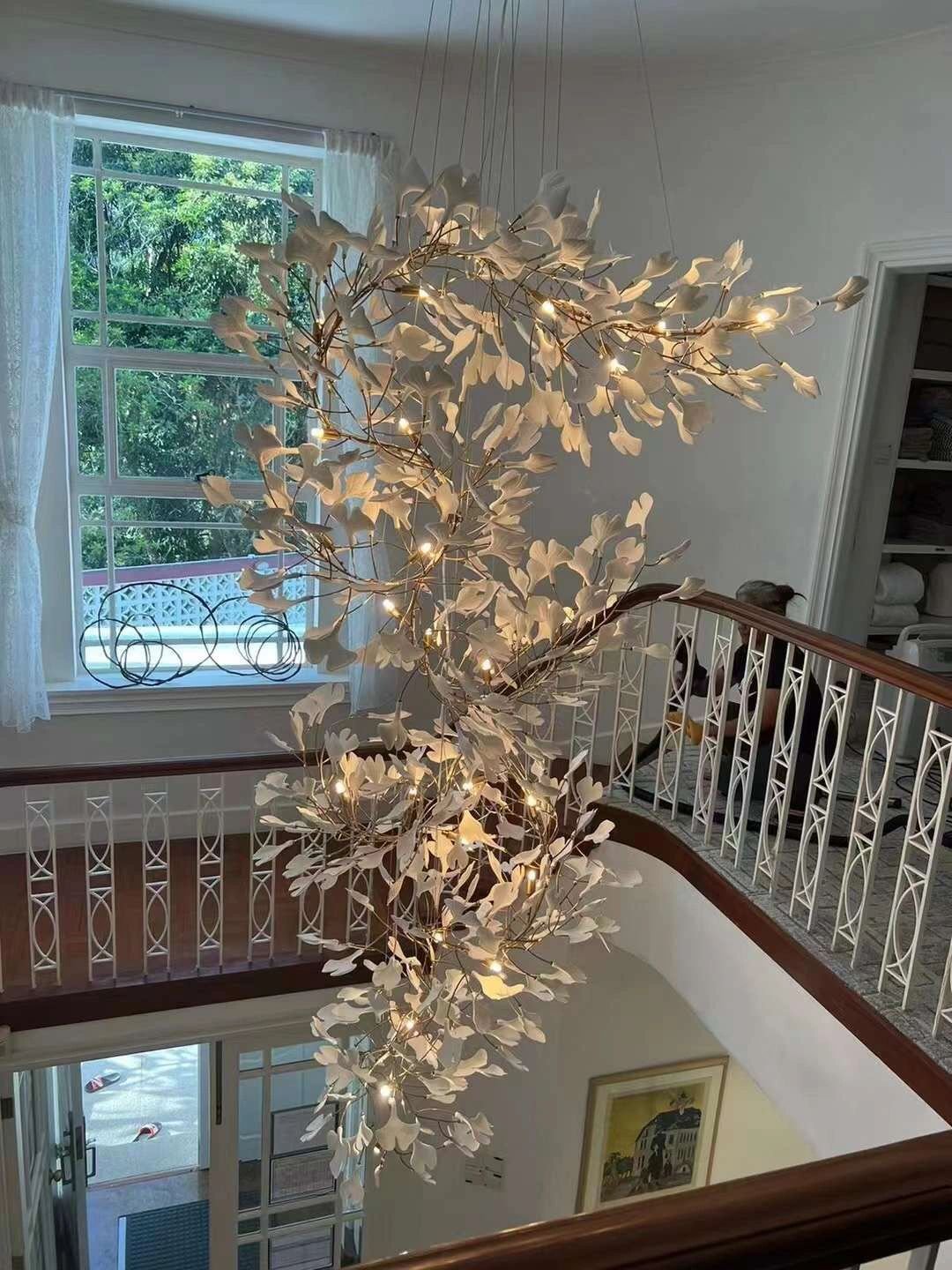 Artistic Tree Branch Pendant Light with Ceramic Ginkgo Leaves for High Ceilings in Hotel or Home - D39.4"*H70.9"/ 16 Lights (288 Pieces)Warm Lightcasivra
