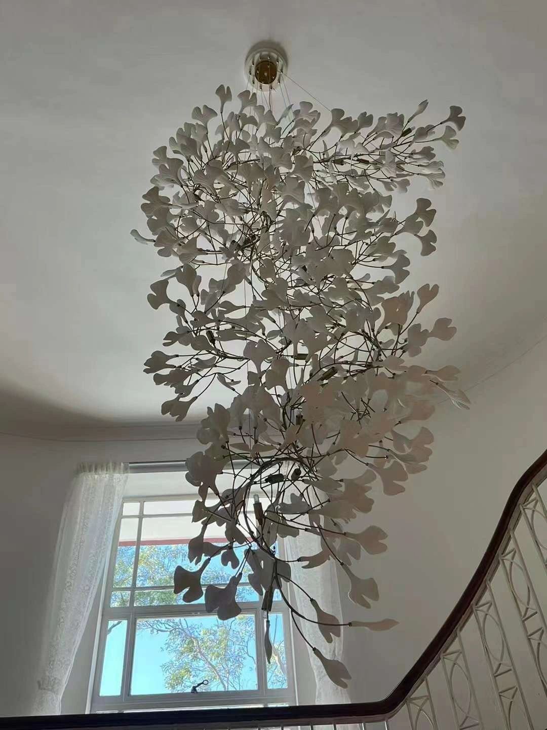 Artistic Tree Branch Pendant Light with Ceramic Ginkgo Leaves for High Ceilings in Hotel or Home - D39.4"*H70.9"/ 16 Lights (288 Pieces)Warm Lightcasivra