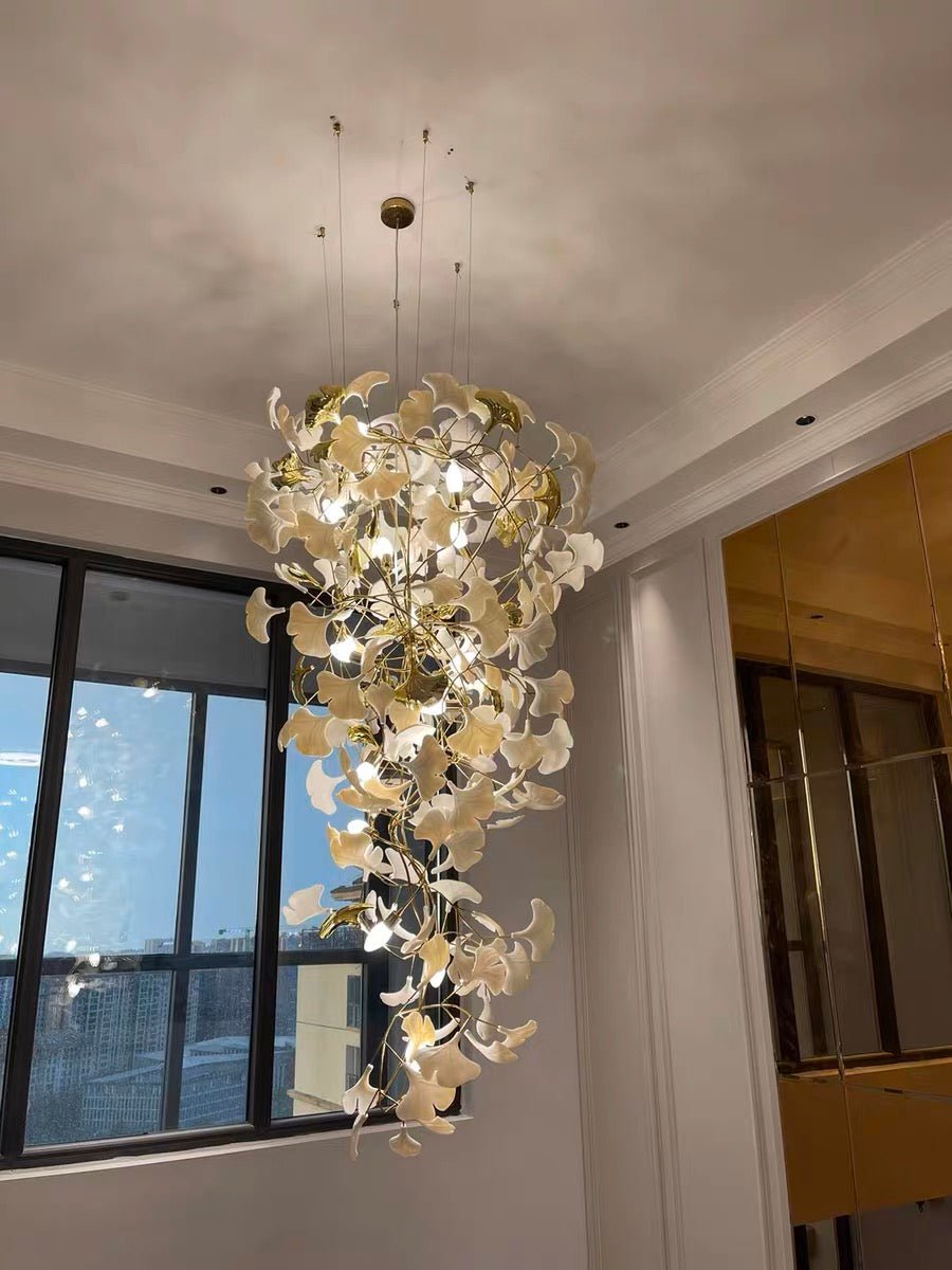 Artistic Tree Branch Pendant Light with Ceramic Ginkgo Leaves for High Ceilings in Hotel or Home - D39.4"*H70.9"/ 16 Lights (288 Pieces)Warm Lightcasivra