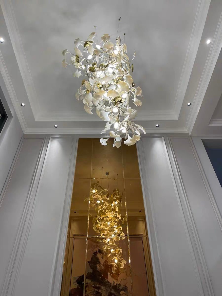 Artistic Tree Branch Pendant Light with Ceramic Ginkgo Leaves for High Ceilings in Hotel or Home - D39.4"*H70.9"/ 16 Lights (288 Pieces)Warm Lightcasivra