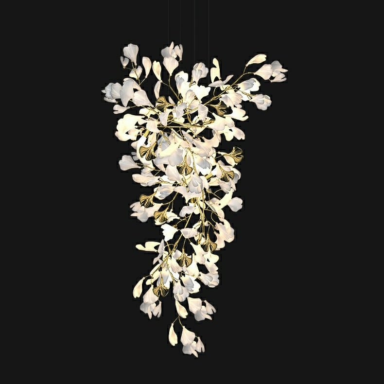Artistic Tree Branch Pendant Light with Ceramic Ginkgo Leaves for High Ceilings in Hotel or Home - D39.4"*H70.9"/ 16 Lights (288 Pieces)Warm Lightcasivra