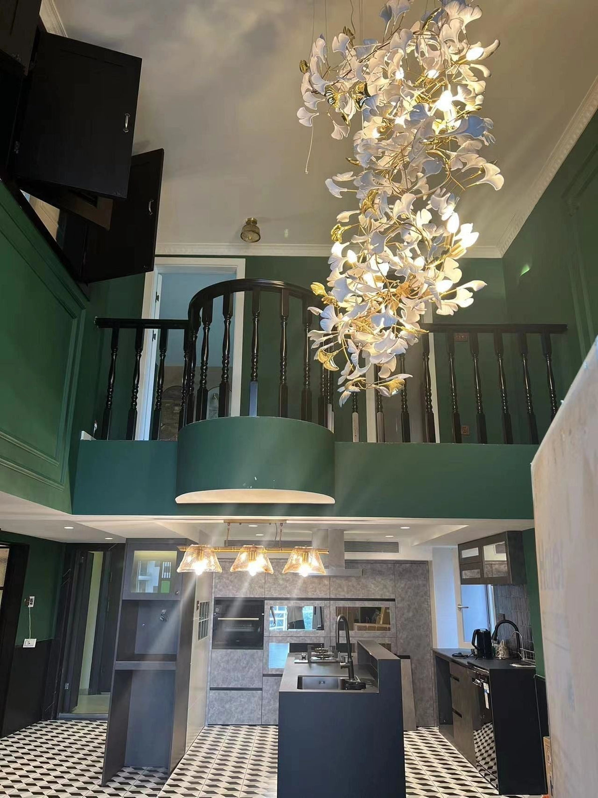 Artistic Tree Branch Pendant Light with Ceramic Ginkgo Leaves for High Ceilings in Hotel or Home - D39.4"*H70.9"/ 16 Lights (288 Pieces)Warm Lightcasivra