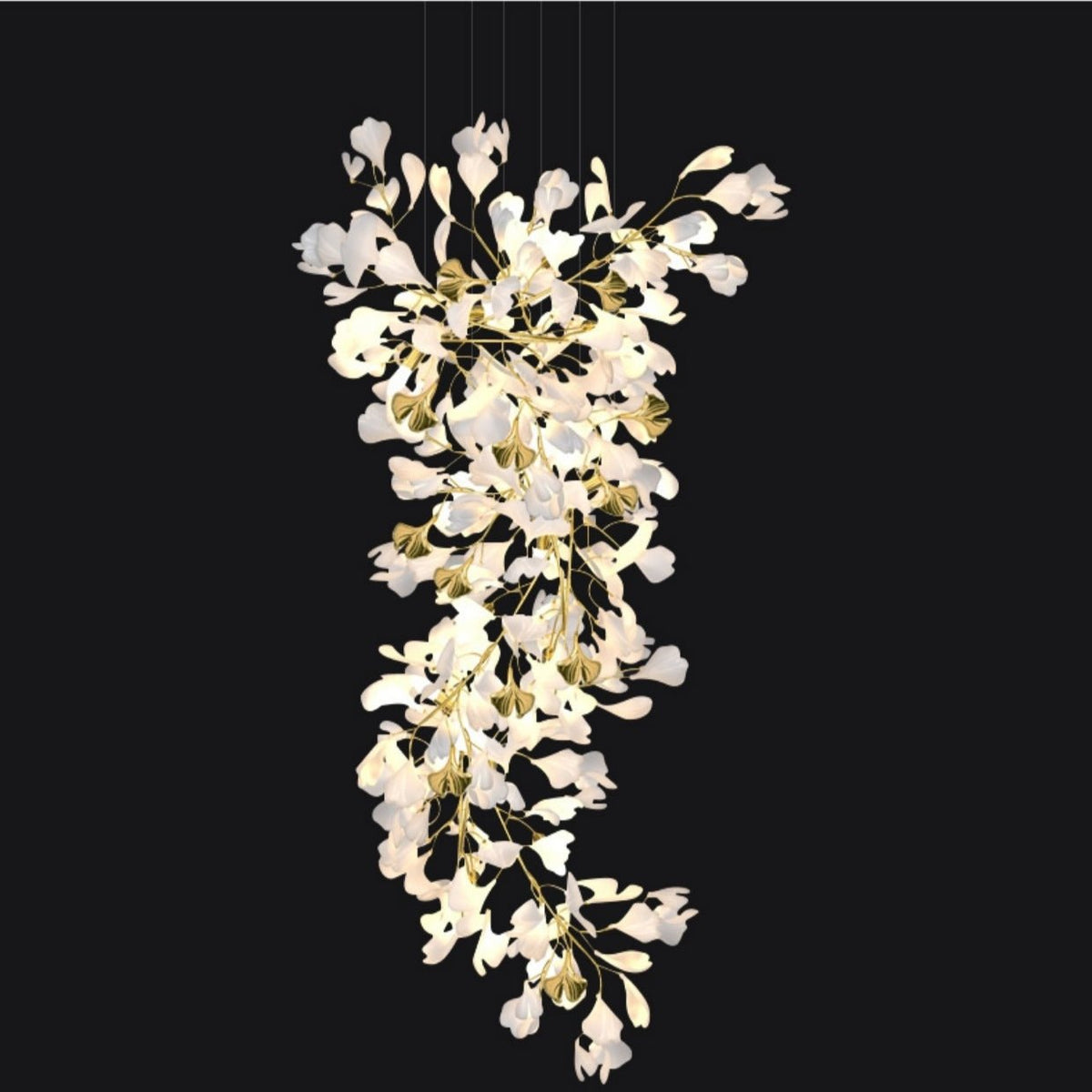 Artistic Tree Branch Pendant Light with Ceramic Ginkgo Leaves for High Ceilings in Hotel or Home - D39.4"*H70.9"/ 16 Lights (288 Pieces)Warm Lightcasivra