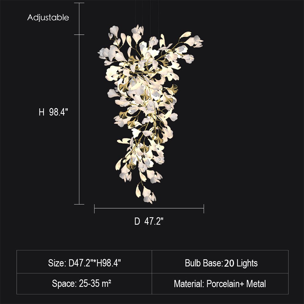 Artistic Tree Branch Pendant Light with Ceramic Ginkgo Leaves for High Ceilings in Hotel or Home - D39.4"*H70.9"/ 16 Lights (288 Pieces)Warm Lightcasivra