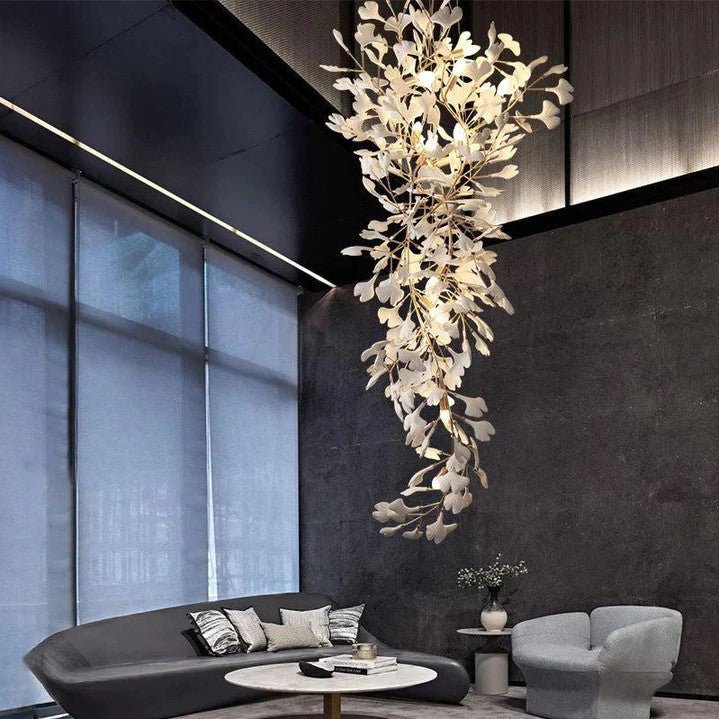 Artistic Tree Branch Pendant Light with Ceramic Ginkgo Leaves for High Ceilings in Hotel or Home - D47.2"*H118.1"/ 32 Lights (432 Pieces)Warm Lightcasivra