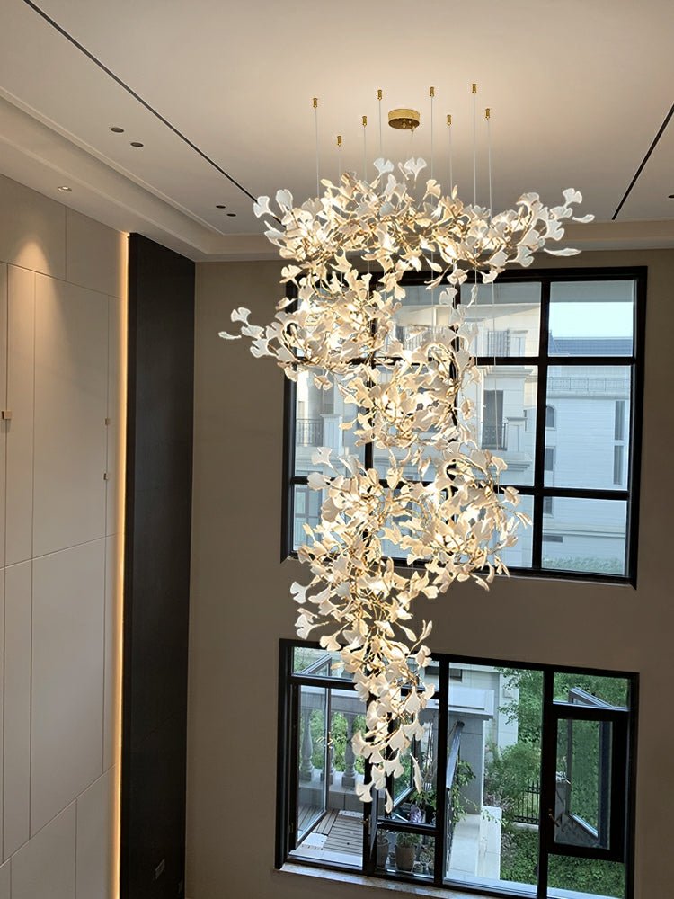 Artistic Tree Branch Pendant Light with Ceramic Ginkgo Leaves for High Ceilings in Hotel or Home - D59.1"*H157.5"/ 128 Lights (576 Pieces)/107kgWarm Lightcasivra