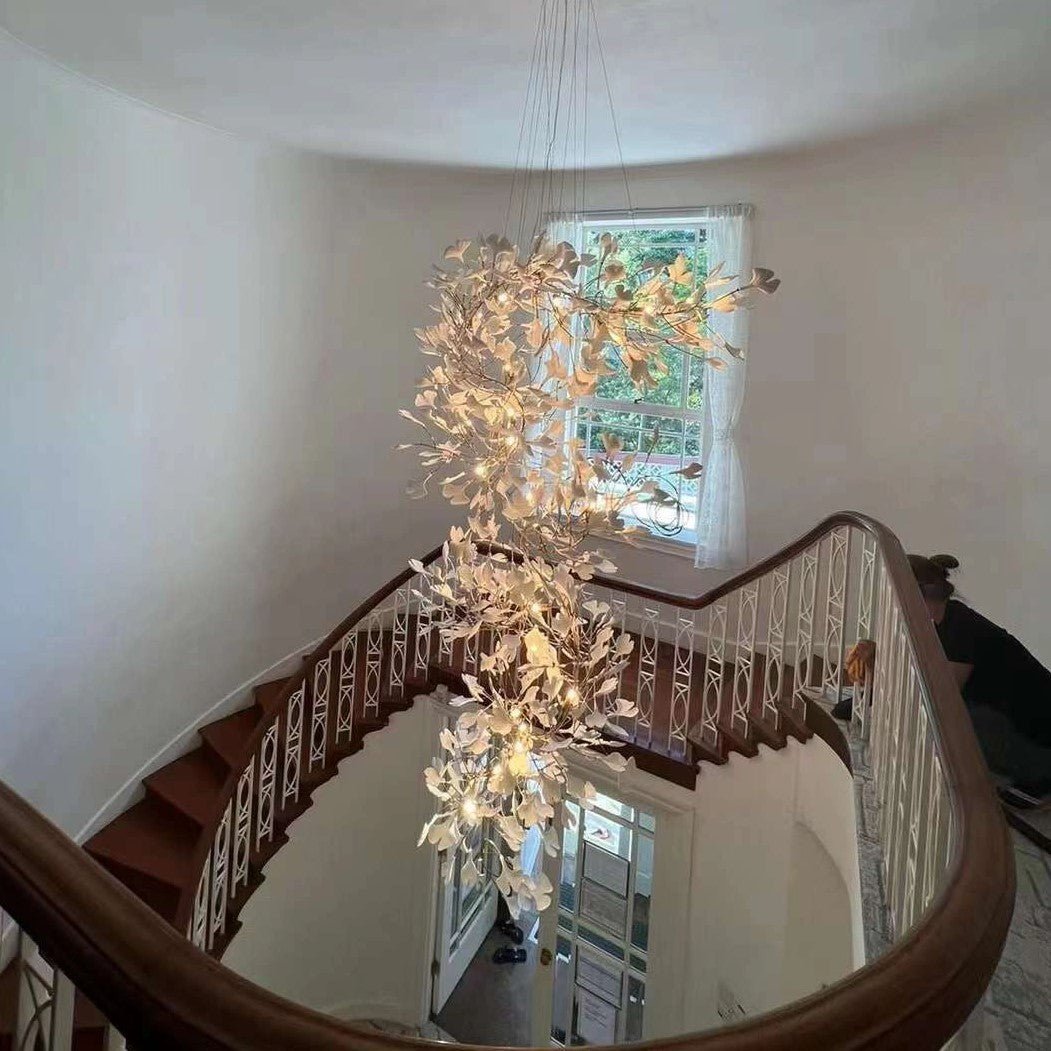 Artistic Tree Branch Pendant Light with Ceramic Ginkgo Leaves for High Ceilings in Hotel or Home - D59.1"*H157.5"/ 128 Lights (576 Pieces)/107kgWarm Lightcasivra